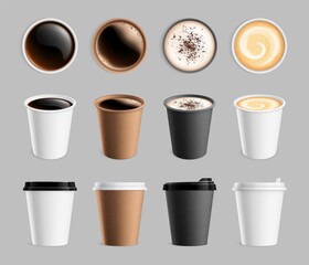 Wall Mural - Takeaway coffee mockup. Plastic paper cup for liquid and drink to go. Espresso latte cappuccino mug, breakfast beverages vector illustration. Espresso beverage, fresh aroma cappuccino