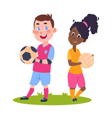 Wall Mural - Sport children. Cute cartoon boy girl with balls. Summer training in football camp, international kids vector illustration. Training football activity, cartoon game soccer