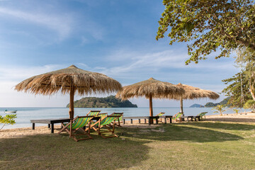 Wall Mural - Beach Umbrella and Sunbed, Koh Mak Beach, Koh Mak island, Thailand.