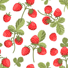 seamless vector pattern with big tasty wild strawberries on white background. trendy summertime prin