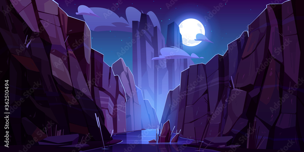 Mountain river in canyon at night. Vector cartoon landscape of nature park, water stream in gorge with stone cliffs and rocks. Grand canyon national park in Arizona - obrazy, fototapety, plakaty 