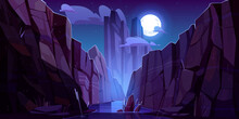 Mountain River In Canyon At Night. Vector Cartoon Landscape Of Nature Park, Water Stream In Gorge With Stone Cliffs And Rocks. Grand Canyon National Park In Arizona