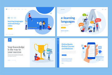 Web page design templates of distance education, e-learning, video tutorials, foreign language courses, e-book, online training and courses. Vector illustration concepts for website development. 