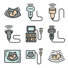 Sticker - Ultrasound icons set. Outline set of ultrasound vector icons thin line color flat on white