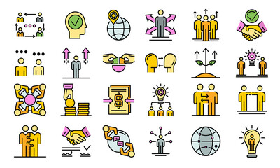 Poster - Business cooperation icons set. Outline set of business cooperation vector icons thin line color flat on white