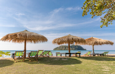 Wall Mural - Beach Umbrella and Sunbed, Koh Mak Beach, Koh Mak island, Thailand.