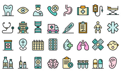 Poster - Pediatric clinic icons set. Outline set of pediatric clinic vector icons thin line color flat on white