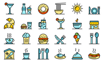 Poster - Food courts icons set. Outline set of food courts vector icons thin line color flat on white