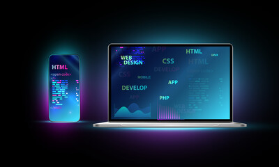 Web development, coding and programming responsive layout internet site or app of devices. Creation digital Software for mobile platforms. Computer code on phone. Concept banner.