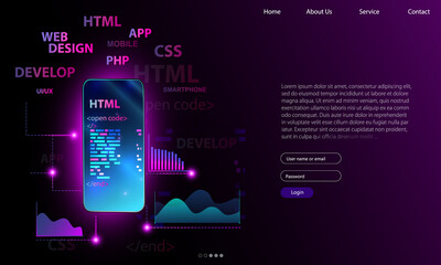 Web development, coding and programming responsive layout internet site or app of devices. Creation digital Software for mobile platforms. Computer code on phone. Concept banner.