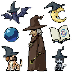 Poster - pixel art set isolated old witch