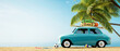 car with surfboard and luggage on top on the beach in front of the palms and ocean, summer 3D background illustration concept