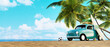 © Isidora BanovicBelic - surfboard leaning on the car with luggage on top on the beach in front of the palms and ocean, summer 3D background illustration concept