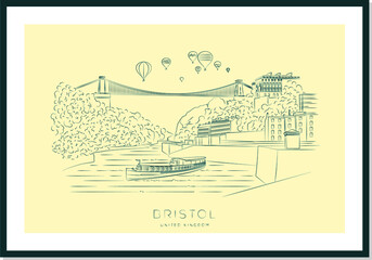 Wall Mural - Bristol urban sketch poster, River Avon and Clifton Suspension Bridge, vector illustration and typography design, England, UK