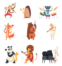 Animals With Music Instruments. Zoo Musicians Entertainment Cute Vocal Song Music Band Vector Cartoon Characters. Panda And Hedgehog With Instrument, Lion Musical Playing Illustration