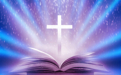 Wall Mural - The Christian Cross is illuminated in a book in white and fantasy light, with magic shining as hope, love and freedom in beautiful illustrations.