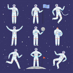 Wall Mural - astronauts characters. spaceman people in action poses overall professional clothes suit vector cosm