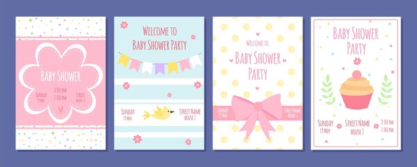 Poster - Baby shower party cards. Birthday invitation with cute kids elements. Cartoon newborn flyers vector set. Illustration card announcement and greeting invitation baby