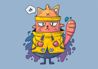 Wall Mural - Creative Cartoon Illustration. Funny cat in a yellow sweater.