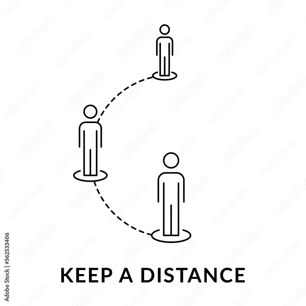 Keep a distance sign. Three people standing in a queue. Covid-19 ...