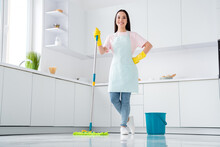 Full Length Body Size View Of Nice Attractive Cheerful Girl Making Fast Professional Domestic Work Plate Ceramic Floor Wiping Hygiene In Modern Light White Interior Kitchen Apartment