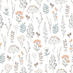 Floral seamless pattern with abstract flowers, branches, leaves and plants, botanical vector illustration in vintage style. 