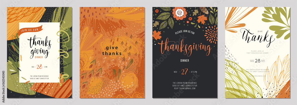 Thanksgiving cards. Set of abstract creative universal artistic templates. Good for poster, invitation, cover, banner, placard, brochure and other graphic design.  - obrazy, fototapety, plakaty 