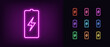 Neon battery icon. Neon charge battery sign with lightning