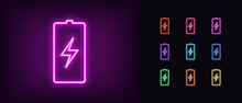 Neon Battery Icon. Neon Charge Battery Sign With Lightning