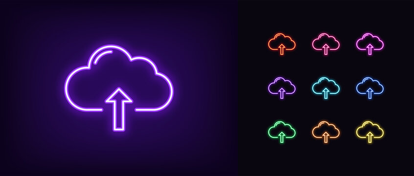 Neon cloudy upload icon. Glowing neon cloud storage sign