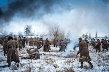 History of Ukraine. War in Ukraine. Soldiers flee to the defense. Battlefield. Explosion. Soldiers in the smoke. War for Ukraine.