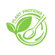 Plant proteins stamp - healthy nutrition icon for vegetarian food products packaging - green spiral with plant leaf and spoon inside - isolated vector emblem