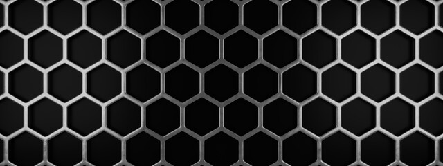Wall Mural - Metal honeycomb grid on a black background using as header, 3d rendering