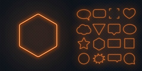 Set of orange neon frames with soft glow on a transparent background. Speech bubble, square, circle, star, triangle, heart, hexagon and other glowing neon shapes on a dark background.