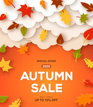 Autumn Sale Orange Background With Paper Cut Clouds And Leaves. Shopping Sale Frame Design, Promo Poster. Vector Illustration. Layout Template With Place For Text, Leaflet Or Web Banner.