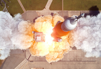 Wall Mural - launch of heavy carrier rocket space launch system . aerial view.