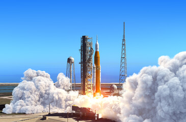 Wall Mural - big heavy rocket space launch system launch from launchpad at cape canaveral