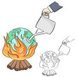 © a3701027 - hand of businessman watering fire on earth vector illustration sketch doodle hand drawn with black lines isolated on white background. Ecology concept.