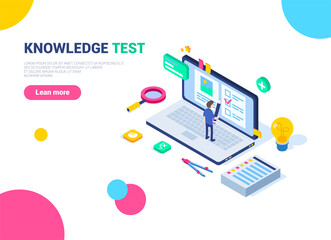 Wall Mural - Isometric knowledge test concept. Easy to edit and customize. A small person answers questions on a computer. Search for answers to questions. Сan be used on  web banners, websites, in presentations.