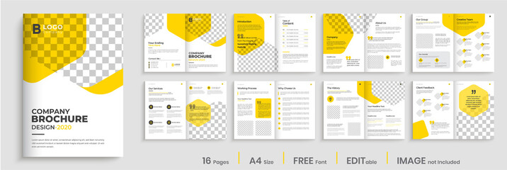 Corporate brochure design with yellow shapes, minimal professional company profile, annual report, multi-pages brochure template layout