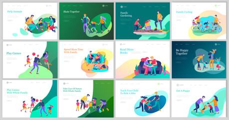  Collection of family hobby and activities. Mother, father and children play with cats, collect garbage for recycling, clinning home, relaxing with with gadgets at home. Cartoon vector