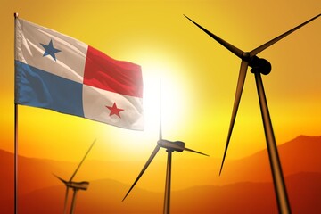 Panama wind energy, alternative energy environment concept with wind turbines and flag on sunset industrial illustration - renewable alternative energy, 3D illustration