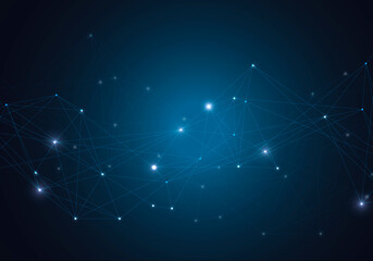 Abstract vector glowing bright molecules with dots and lines on blue background