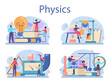 Physics school subject concept set. Scientist explore electricity,