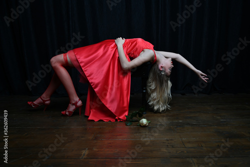 Fotomural beautiful girl in evening red dress posing with a white rose on a black backgrou