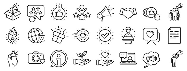 Influence people, Megaphone and Representative. Brand ambassador line icons. Handshake, influencer marketing person, social media like icons. Ambassador person. Brand pr. Vector