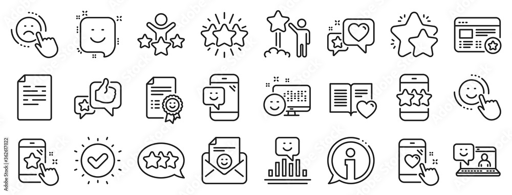Set of User Opinion, Customer service and Star Rating icons. Feedback line icons. Testimonial, Positive negative emotion, Customer satisfaction. Social media feedback, star rating technology. Vector - obrazy, fototapety, plakaty 