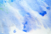 Watercolor Grunge Background With Drips Of Paint And Spots In Blue Shades.