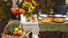 A Festive Autumn Brunch Among The Yellow Trees, With Pumpkins, A Yellow Bouquet And Pastries. Thanksgiving Or Family Dinner In The Backyard.