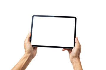 Wall Mural - Hand man holding tablet with mockup blank screen isolated on white background with clipping path